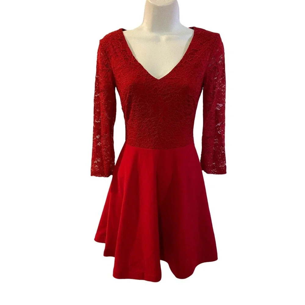 B. Darlin Lace Crepe Ruby Red Bow Back Skater Cocktail Party Bow Back Mini Dress - Picture 2 of 15